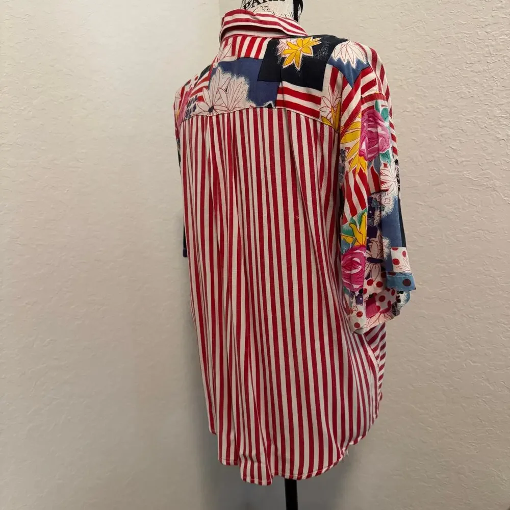 Vintage Afterall Womens L 2 Piece Set Mixed Print Blouse Shorts Outfit 90s Flaw
